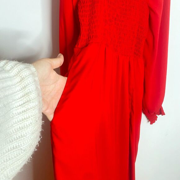 La Ligne X Target Red Smocked Bodice Long Sleeved Square Neck Midi Dress - Picture 4 of 7